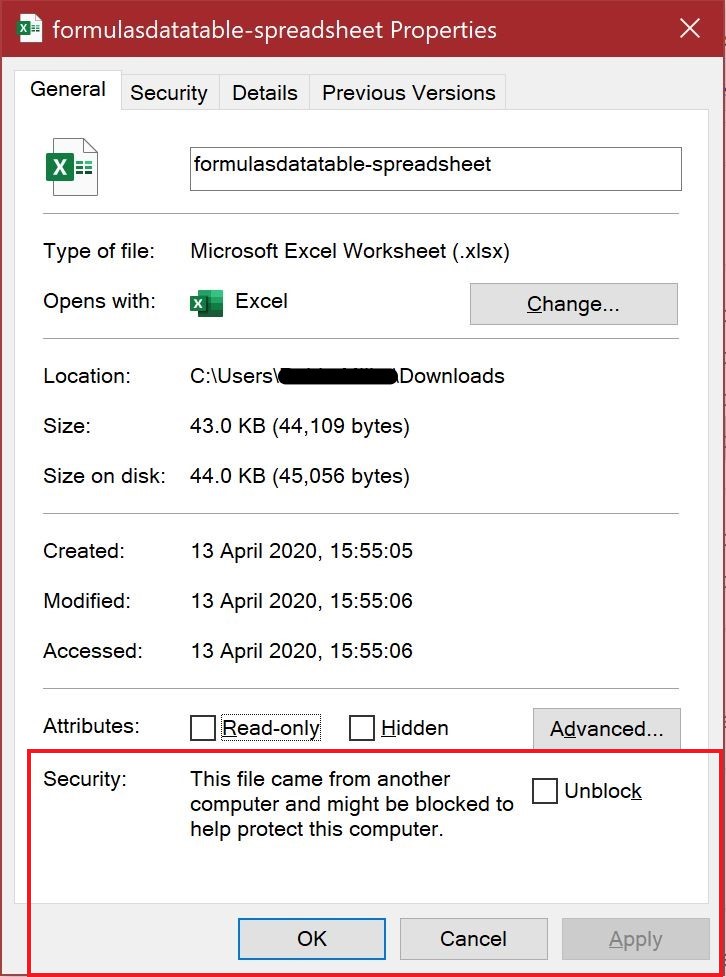 Screenshot of Spreadsheet Download Properties Dialogue Box showing security option